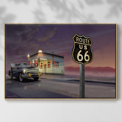 Route 66 - reproduction sur toile avec cadre flottant
