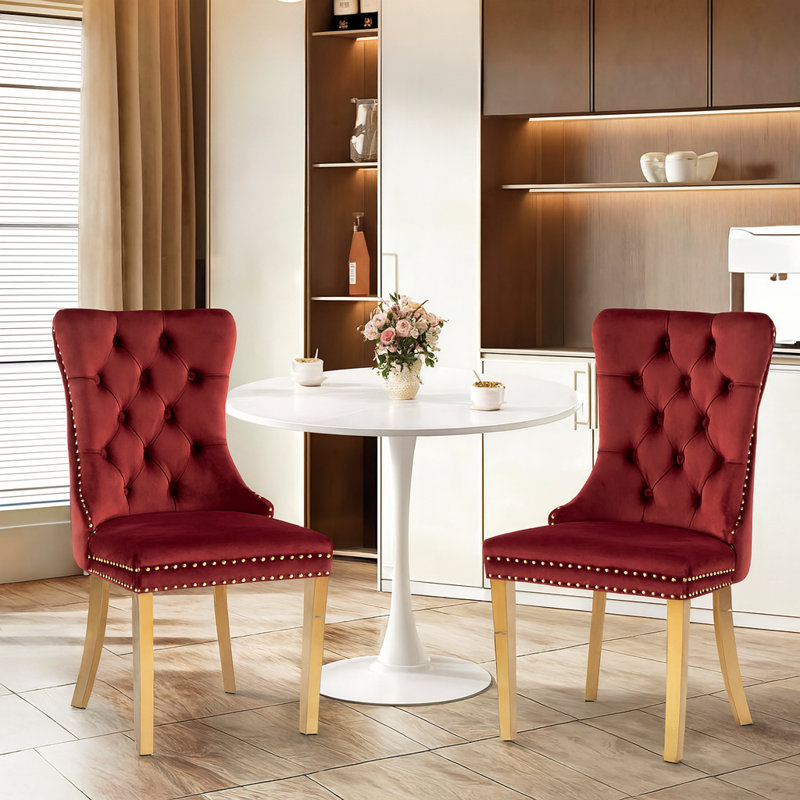 Dining Table Set,  24" Round Dining Table And 2 Velvet Dining Chairs With Gold-plated Legs, White, Red
