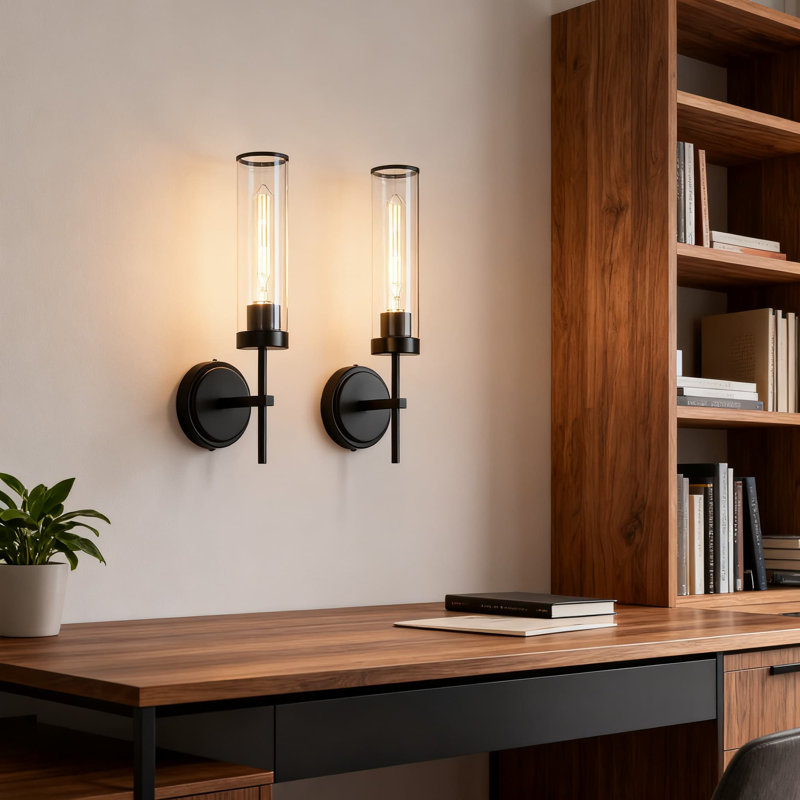 Modern Wall Sconces Set Of 2, 16-Inch Black Iron Bathroom Lighting With Clear Glass Shade, Hardwired Fixture For Bedroom, Living Room, Corridor, Mirror, Stairs, Holds 60W E26 Bulb (Not Included)