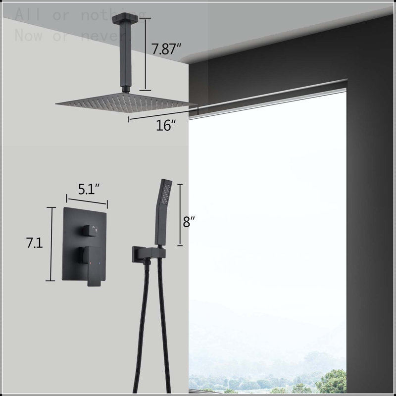 Système de douche de pluie au plafond 16 pouces avec douchette, noir mat, Noir mat