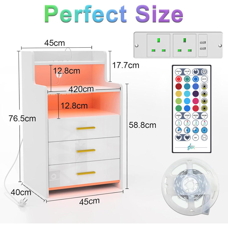 Bedside Cabinet with 3 Drawers & 2 Open Shelves, White Bedside Table with RGB LED Light Strip & UK Charging Station 2AC/2USB, Wooden Nightstand Sofa Side Table for Bedroom Living Room, UK Plug