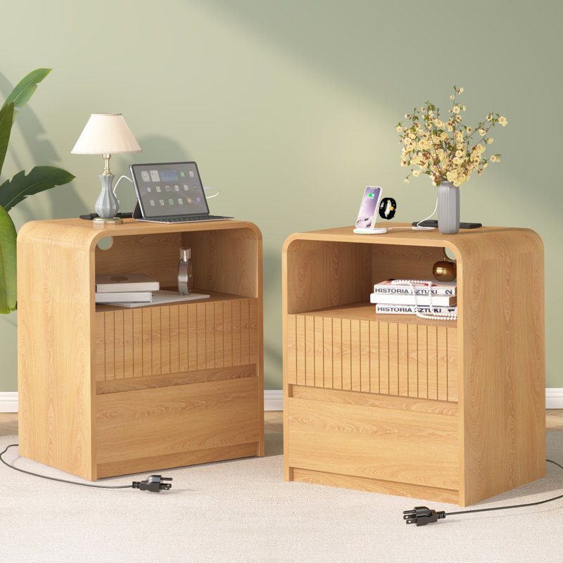 Table de chevet moderne avec table de chevet 24 po et 2 tiroirs de rangement, table de bout Mid Century, Naturel, 2