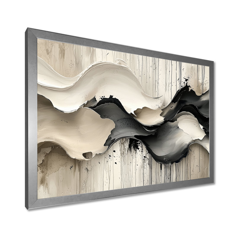 Gris sur fond blanc l'encre rythmique de la rivière Ink II - vagues modernes abstraites, H 34 po x l 44 po