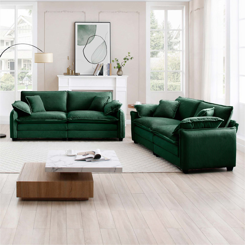Ensemble de canapé de salon moderne 2 pièces, comprenant deux fauteuils en velours côtelé 2 places, vert
