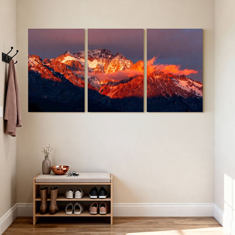 Scénario et paysages urbains, coucher de soleil, sommet de neige, nuages, ciel, réflexion de lumière, ensemble de 3 impressions sur toile