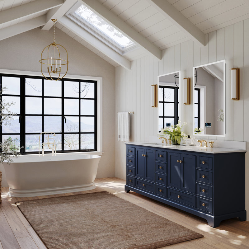 Meuble-lavabo double autoportant Brimfield, Bleu héritage, Or brossé