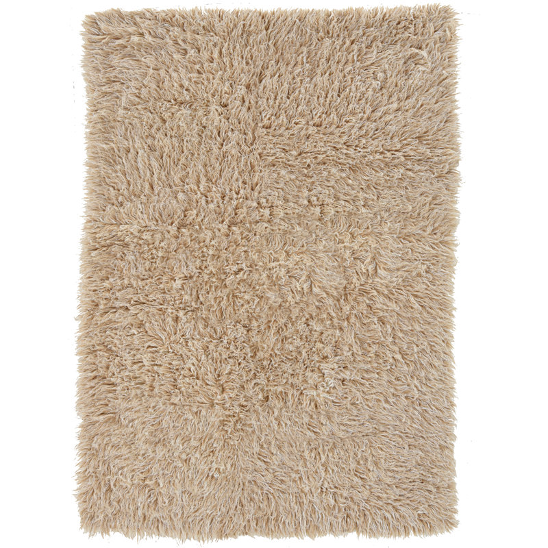 Tapis brun clair et crème à poil long tissé à la main Aalish Flokati, Rectangle 3 pi 6 po x 5 pi 6 po