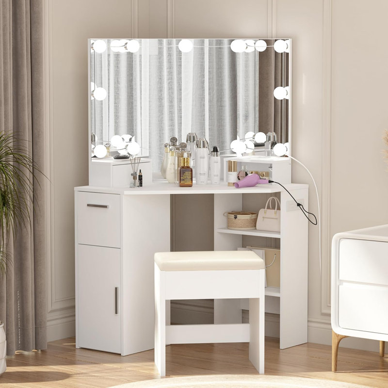 Coiffeuse de coin avec éclairage intégré, blanche, table de maquillage gain de place avec éclairage DEL lumineux