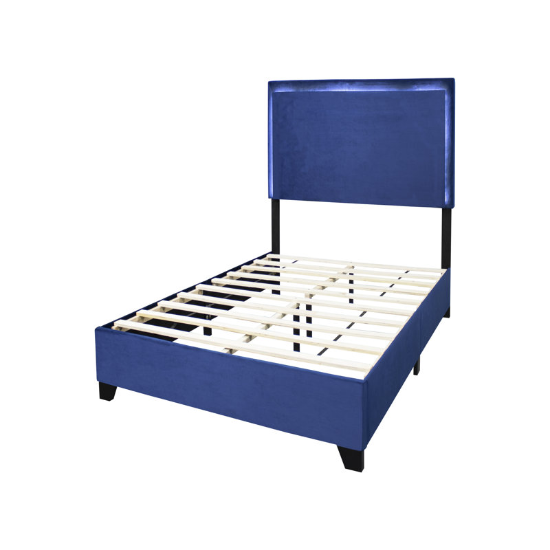 Structure de lit plateforme tapissier avec lumières DEL, QB, GR, Bleu, Grand