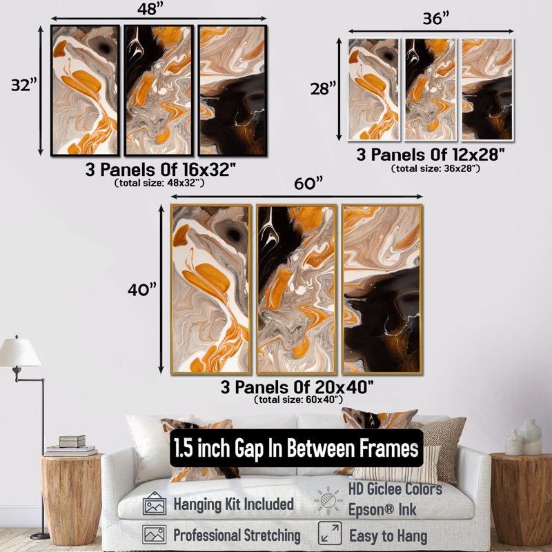 Orange et noir Marble Waves III - ensemble d'art mural moderne sur toile encadrée 3, H 28 po x l 36 po, Brun