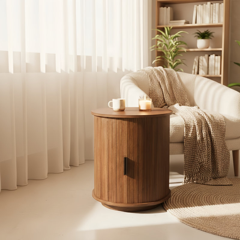 Mid Century Modern Cylinder End Table With Built-In Charging Station & Sliding Door, 2-Tier Storage Round Nightstand With USB Ports, Walnut Bedside Table For Living Room, Bedroom, Entryway