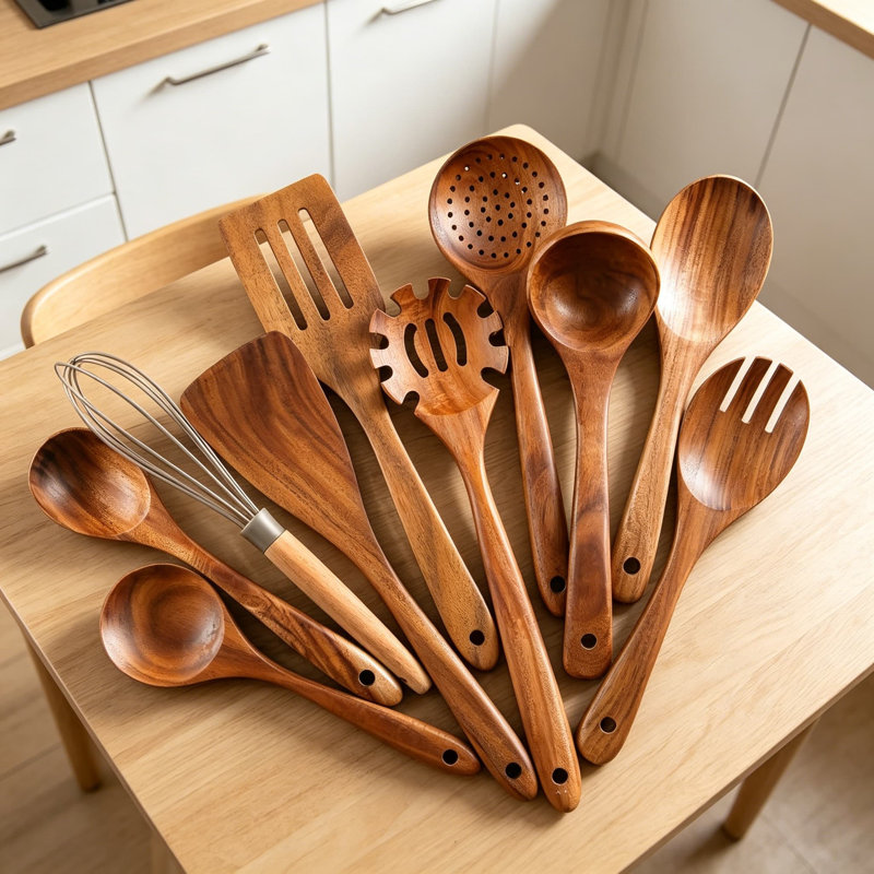 Ensemble d'ustensiles en bois de teck naturel 10 pièces pour la cuisson, ustensiles de cuisine antiadhésifs avec prise confortable, comprend des cuillères, des spatules, une louche et une fourchette