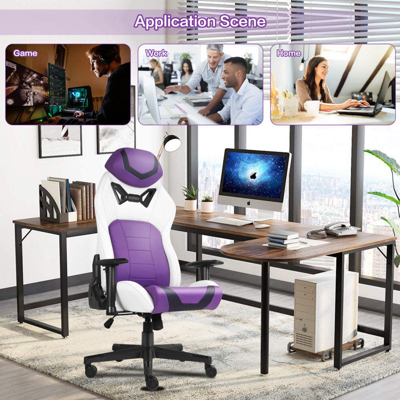 Inbox Zero Adjustable Ergonomic Swiveling PC & Racing Game Chair, Purple/White