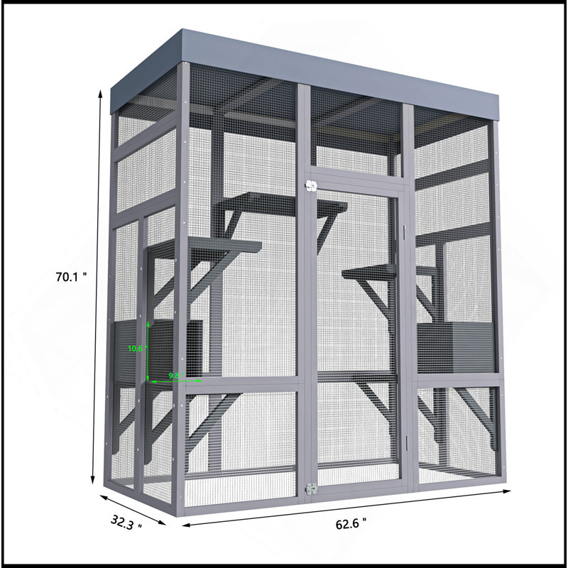 Cage d'extérieur en bois 62,6 po pour chats, grande enceinte pour chat avec toit imperméable, 2 maisons pour la sieste, plateformes et fil antirouille - Cage pour animaux sécurisée pour la cour ou le patio