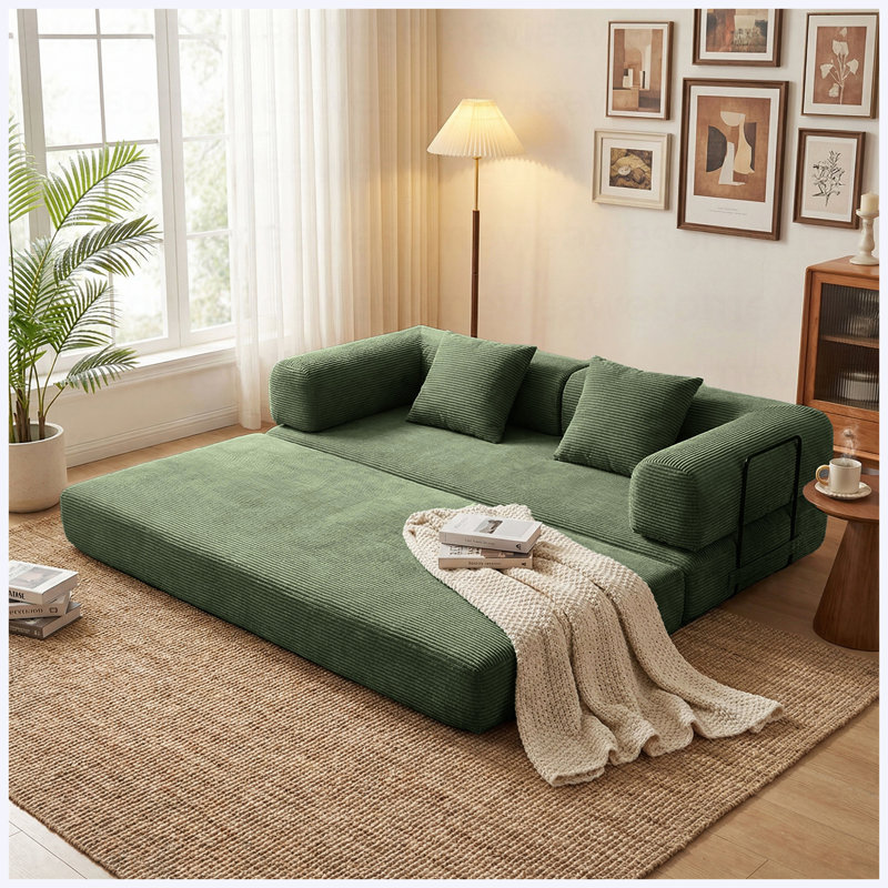 Canapé-lit convertible, canapé-lit 3 places avec matelas, revêtement en velours vert foncé pour petit salon