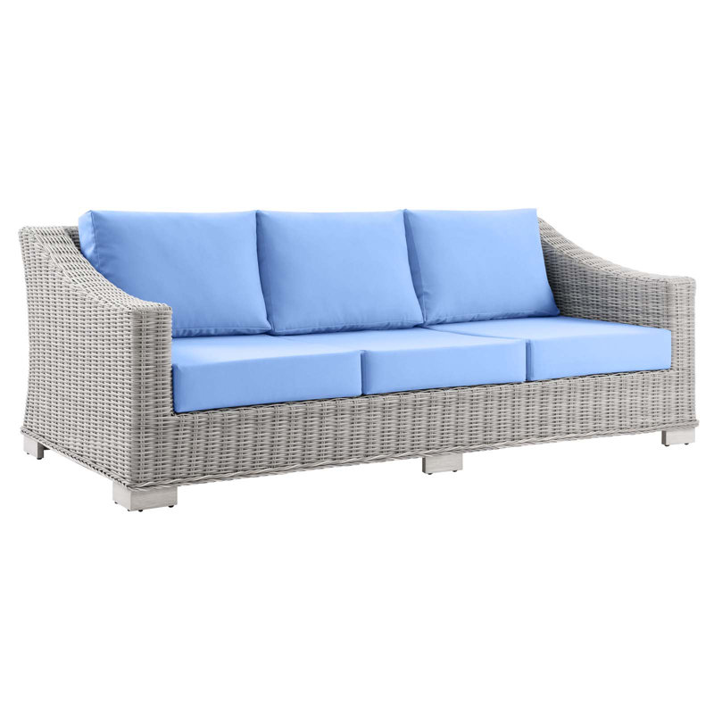 Conway Outdoor Patio Wicker Rattan Sofa In Light Grey White, Light Blue