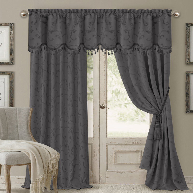 Rakowski Jacquard Scroll Damask Blackout Single Curtain Panel, Gray, 52" W x 84" L