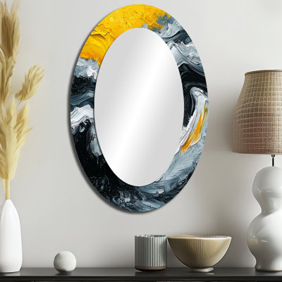 Yellow And Grey Ink Oceanic Waves II - Large Oval Wall Mirror On Metal