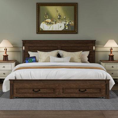 King Size Bed with Tall-Panel Headboard & Footboard, 2 Storage Drawers, Built-in LED Lights, USB Charging Station, Pinewood Bed with Strengthened Bed Frame, Walnut (84.1"L x 79.1"W x 46.0"H) 2 Piece