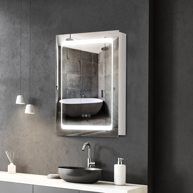 Armoire à pharmacie à DEL avec miroir, rangement à 3 tablettes, gradateur et organisateur de salle de bain mural à deux couleurs avec éclairage argenté, température de luminosité réglable, économie d'espace, acier inoxydable