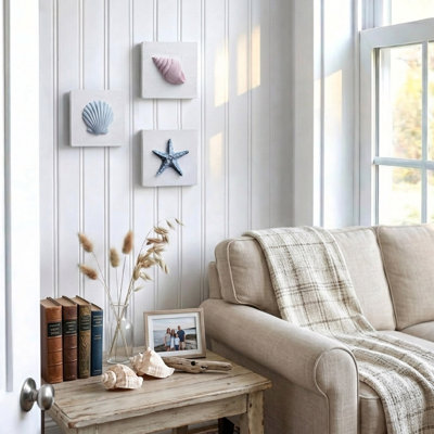 3D Seashell and Starfish Coastal Wall Art Set of 3, Beach Bathroom Decor, Ocean-Inspired Framed Wooden Wall Plaques (6" x 6")