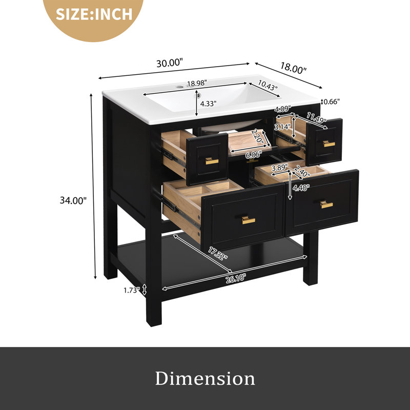 Ensemble de meuble-lavabo simple 30 po avec 5 tiroirs, ensemble de meuble-lavabo autoportant avec cadre en bois massif 30 po