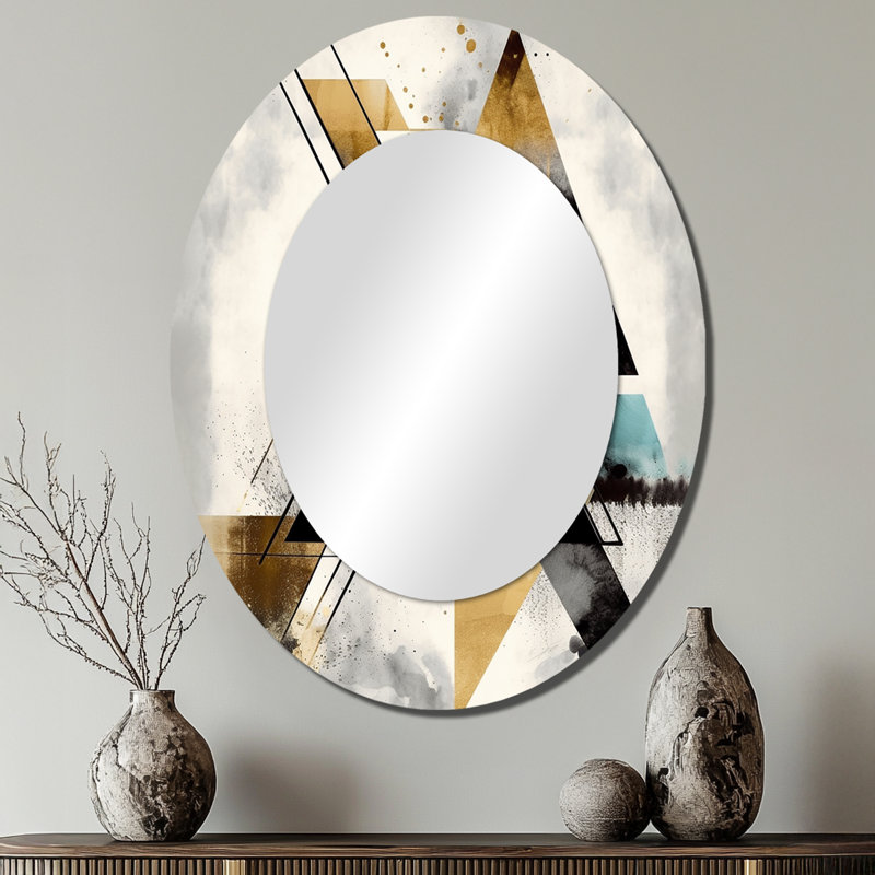 Triangle vert Boho III - Miroir décoratif ovale abstrait sur métal, 40 po x 30 po