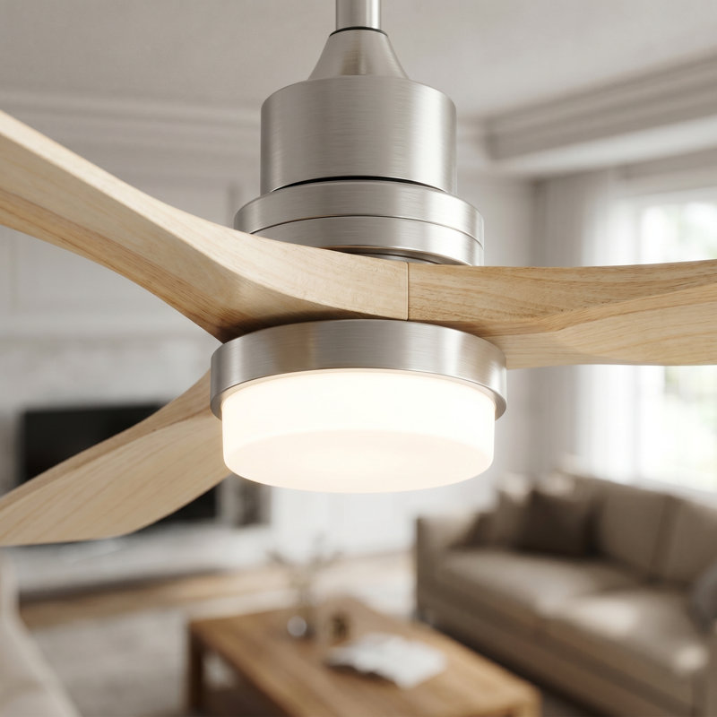  52-inch Modern Ceiling Fan with Light, 3 Solid Wood Blades, DC Motor, 6 Speeds, Downrod Mount for Bedroom, Living Room, Oak