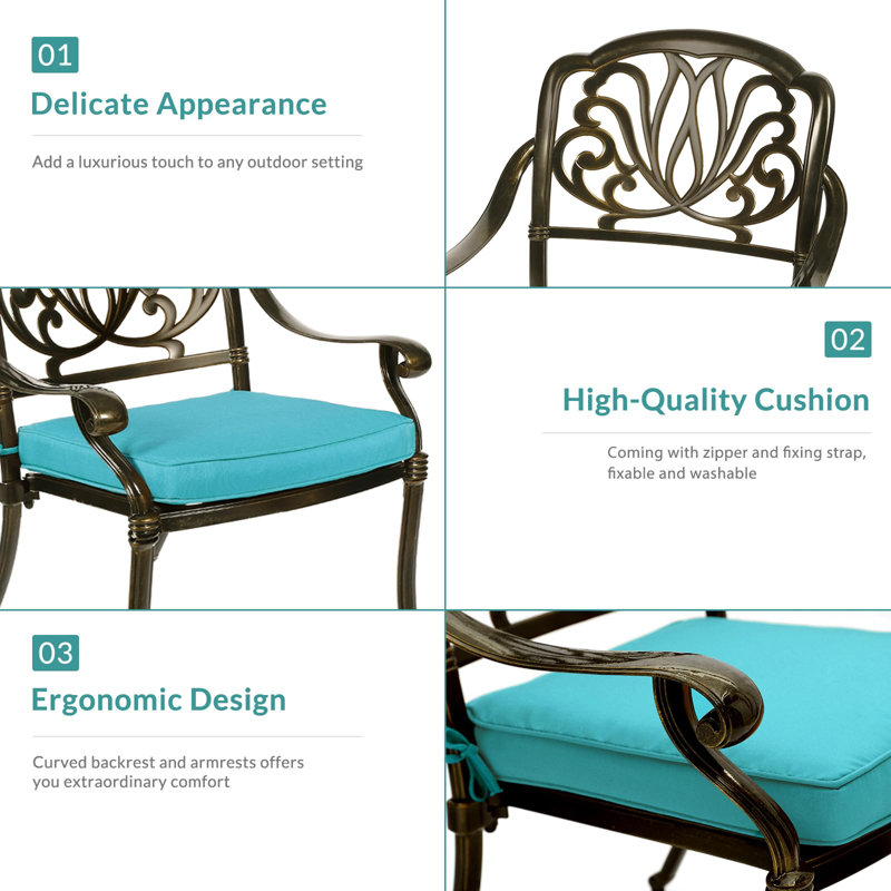 4 - Person Patio Dining Set with Square Table , Cushions Included, Bronze, Ocean Blue