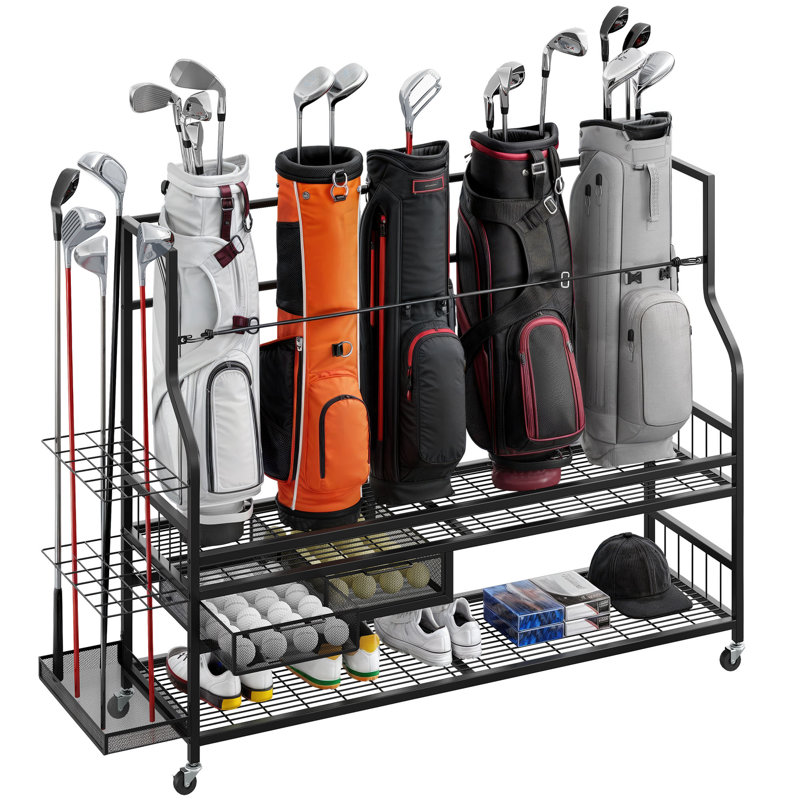 Porte-sac de rangement de golf pour garage club avec roues et tiroir pour sacs de golf, bâtons, balles et autres accessoires d'équipement