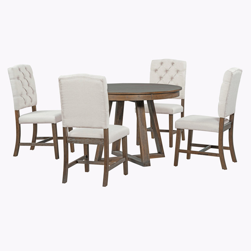 Tonecia 5-Piece Retro Style Functional Extendable Dining Set,Round Table with Leaf+4 Upholstered Chairs, Walnut, White/Walnut