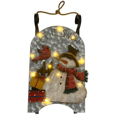 17" LED Lighted Wooden Sled with Snowman and Cardinal Christmas Decoration