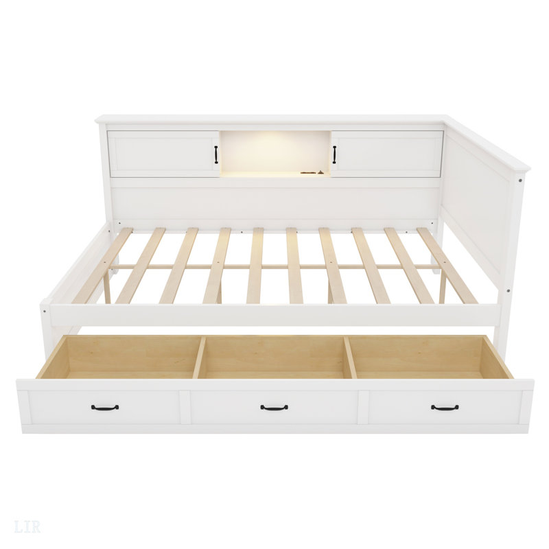 L-Shaped Bed Frame With Drawer And And Bookcase,Corner Bed Wooden Captain Bed With Led Downlight And USB Port For Small Room,Bedroom, Guest Room, Bed Frame