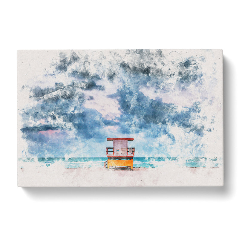Lifeguard Hut On Miami Beach Florida Watercolour - Wrapped Canvas Print, 50cm H x 76cm W x 3cm D