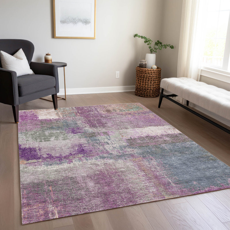 Lavender and Gray Synthetic Washable Rectangular Rug