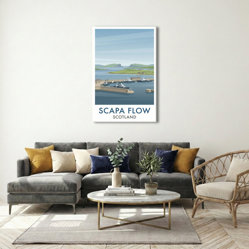 Scapa Flow, Scotland - Romantic Coastal Travel Poster Of Historic Harbour And Isles. Giclee Print On Wrapped Canvas. Wall Art, Home Decor - Natural Landmarks, Scotland - Wrapped Canvas Print