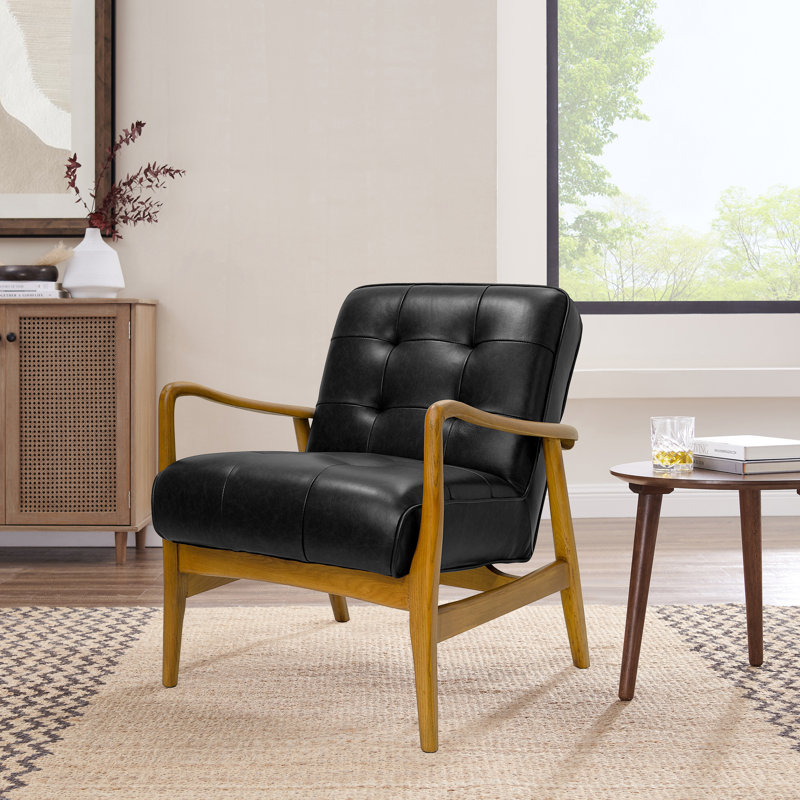24.8'' W Genuine Leather Tufted Arm Chair With Solid Wood Frame, Black