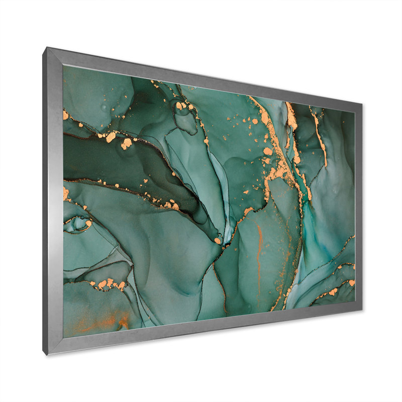 Turquoise et gris luxueux abstrait fluide IV - peinture sur toile, H 30 po x l 40 po x P 1,5 po, Cadre photo argenté