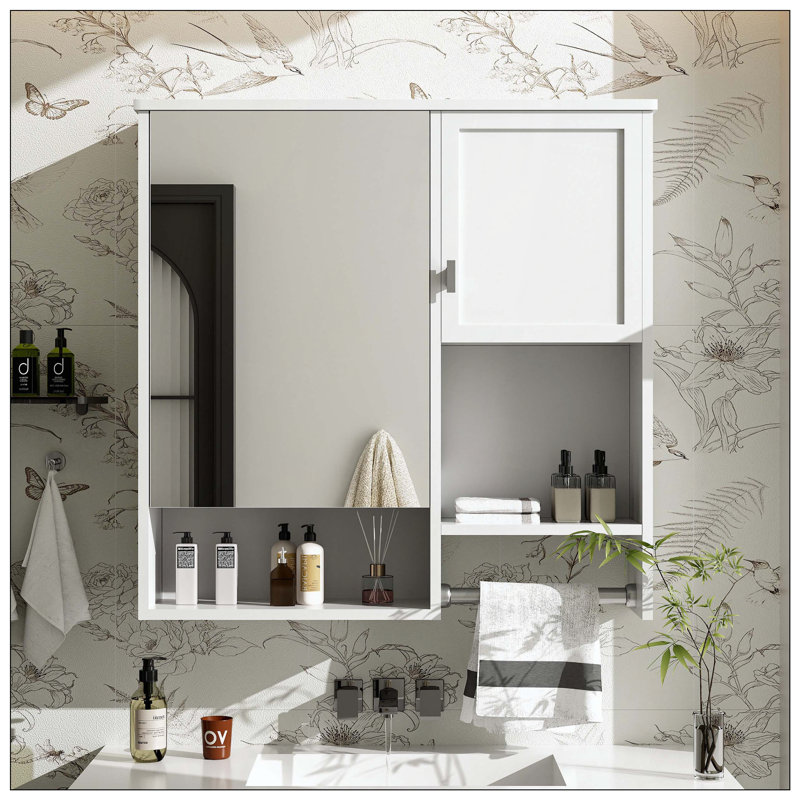 Wall Mounted Medicine Cabinet Mirror Towel Bar Toilet Storage, White