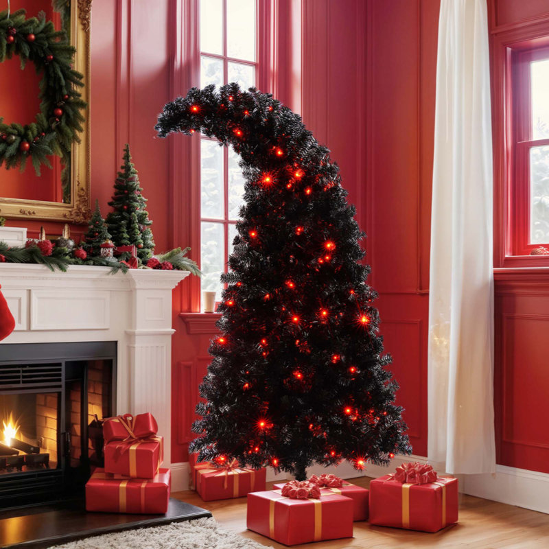 Arbre de Noël artificiel avec lumière DEL, arbre de Noël artificiel incurvé pré-éclairé avec 900 pointes, arbre de Noël noir