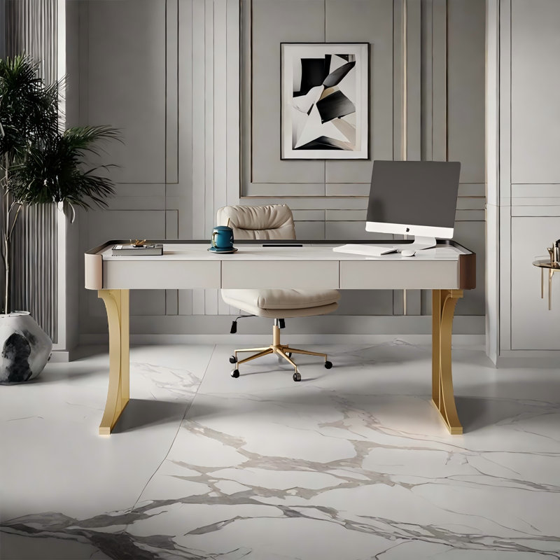 Bureau rectangulaire en cuir fritté en cuir 55,12 po à 3 tiroirs