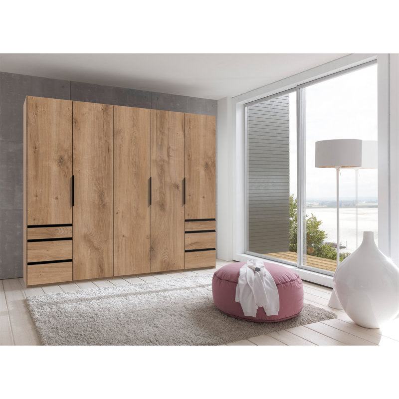 Guardino 5 Door Wardrobe, 216cm H x 250cm W x 58cm D, Plank Oak