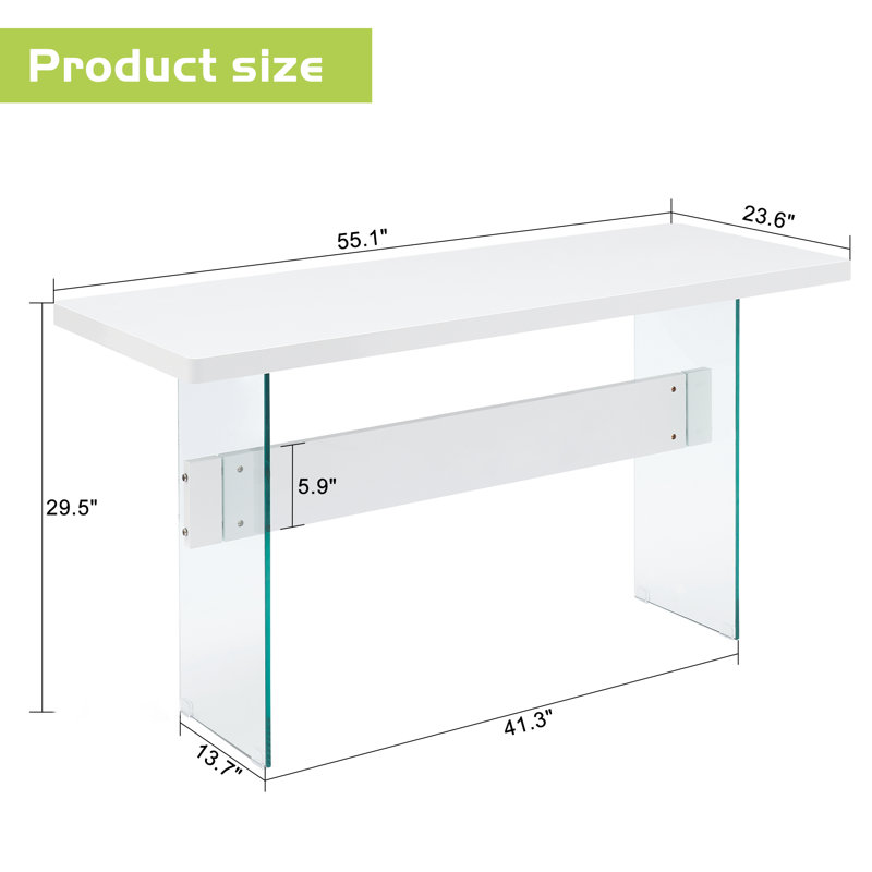 Table de salle à manger rectangulaire moderne de 55 pouces, table de bureau en verre ultrabrillant, Blanc