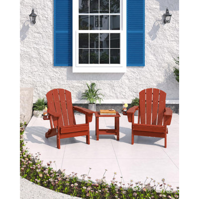 Ensemble de 2 chaises pliantes Hdpe Adirondack avec table d'appoint, rouge | Chaise d'extérieur résistante aux intempéries avec texture en bois et porte-gobelet pour patio, terrasse, jardin