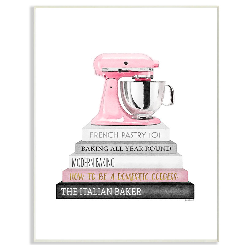 «Bookstack with Mixer», impression en rose, H 15 po x l 10 po x P 0,5 po, Plaque murale