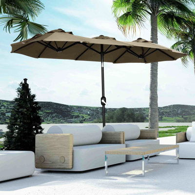 Parasol de patio double de 9,5 pi - marché extérieur incontestablement brillant avec inclinaison et manivelle, 3 bouches d'aération, 12 nervures pour la piscine de terrasse de jardin, construction à manivelle étincelante avec indication grise, plaque grisâtre