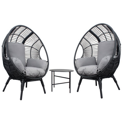 Ensemble de 3 chaises de patio en forme d'œuf (modèle 2) avec table d'appoint en rotin et coussin PE
