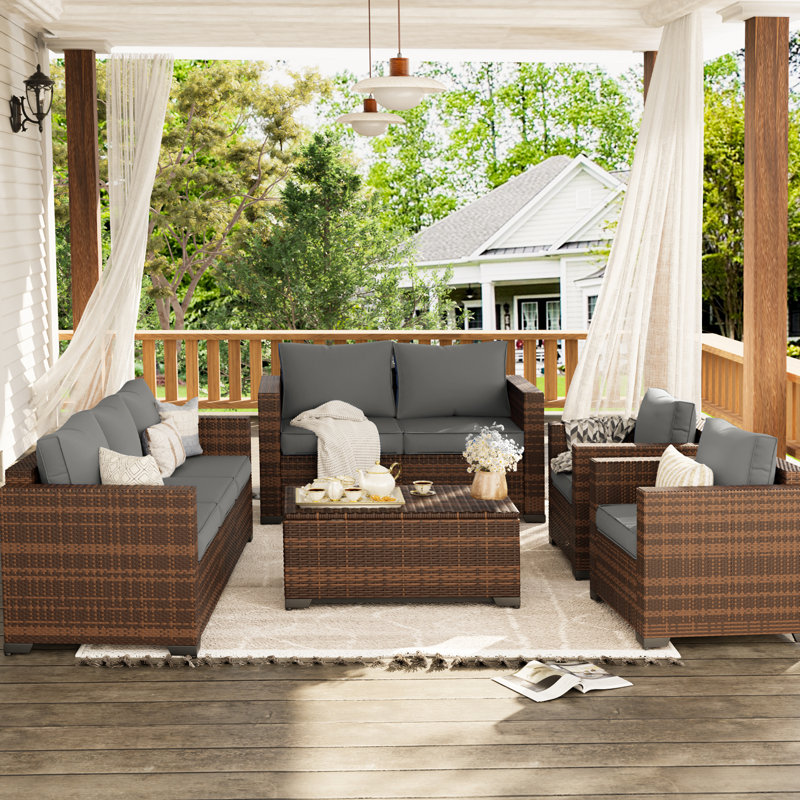 5-Pieces Wide Armrest Outdoor Sectional Rattan Conversation Set with Storage Table., Gray