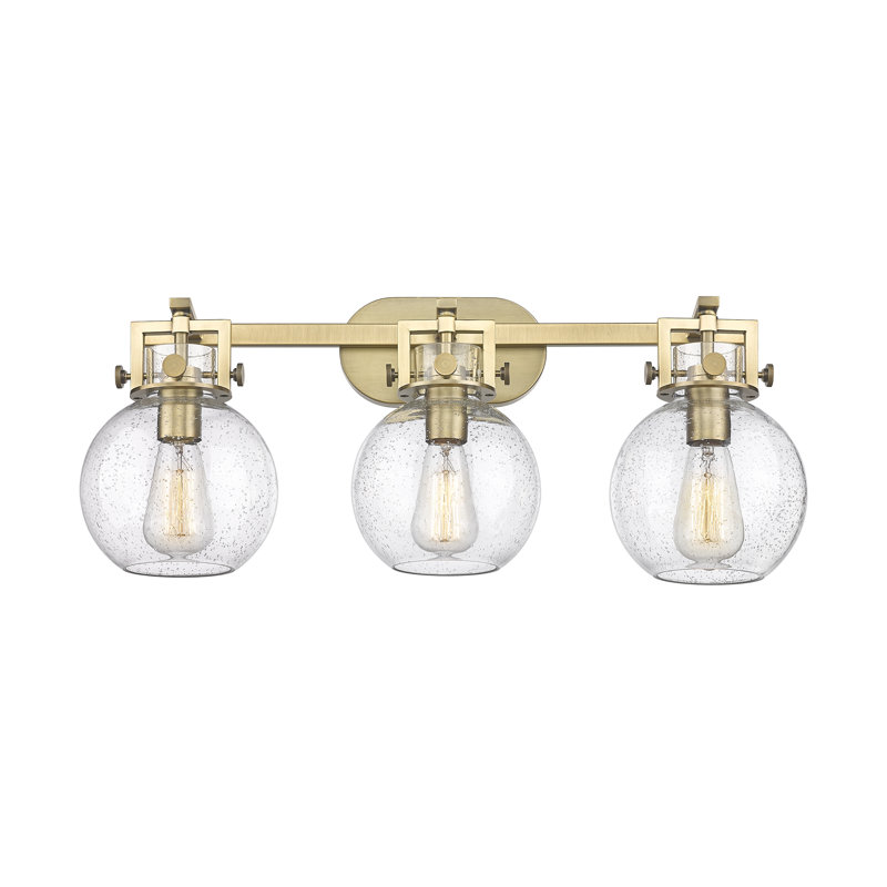 Sphère Newton - 3 lumières - 27 pouces - Laiton brossé - Abat-jour granuleux - Éclairage pour meuble-lavabo