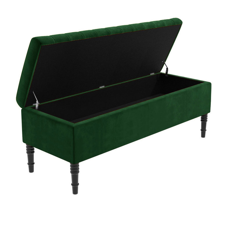 Paris Striped Ottoman Storage Bench - Upholstered Plush Velvet Shoes Bench with Black Turned Wooden Legs, Forest Green